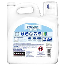 Liquid laundry detergent jug back label with UltraClean Free & Clear HE details