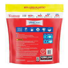 Kirkland Signature UltraClean HE laundry detergent pacs pouch back, dosage chart and warnings