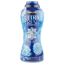 Kirkland Ultra Fresh in-wash scent booster bottle, blue with floral graphics