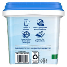 Dishwasher detergent pac tub back with cleaning feature icons and barcode