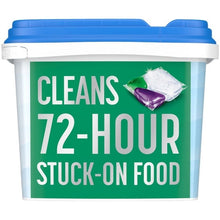 Dishwasher detergent pac tub side showing 72-hour stuck-on food cleaning claim