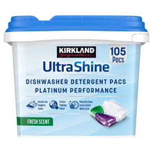 Kirkland Signature UltraShine dishwasher detergent pacs, fresh scent, 105-count tub front