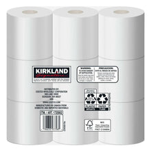 Bath tissue rolls pack showing three white toilet paper rolls with labels