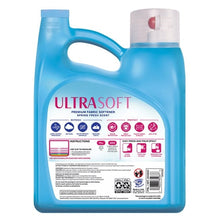 Back label of blue Ultrasoft fabric softener bottle with usage instructions, 150 fl oz