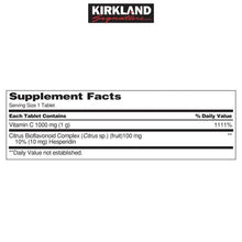 Supplement Facts panel for Vitamin C 1000 mg tablets, Kirkland Signature