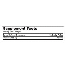 Supplement facts panel: Vitamin E 180 mg per softgel, 1,200% daily value