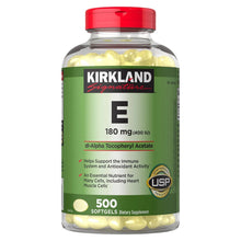Vitamin E 180 mg softgels bottle, red cap, green label, 500 softgels