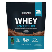 Kirkland Signature whey protein pouch, creamy chocolate flavor, front label with 25g protein