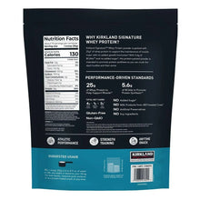 Kirkland Signature whey protein pouch, back panel nutrition facts and usage directions