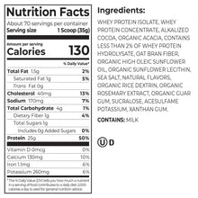 Whey protein pouch close-up, nutrition facts and ingredients list on label