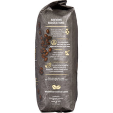 Back label of whole bean French roast coffee bag with brewing suggestions