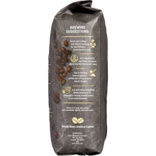 Kirkland Signature coffee bag back with brewing suggestions and dark coffee beans
