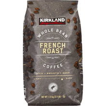 French roast whole bean coffee bag with Kirkland Signature branding and dark label