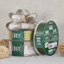 Kirkland Signature wire-edge holiday ribbon on spools, with a beige winter village print and gold trim.