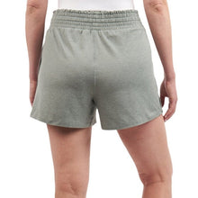 Women's lightweight green shorts with elastic waistband and drawstring, front view