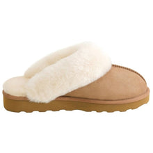 Side view of a tan suede slipper with a wide cream shearling strap