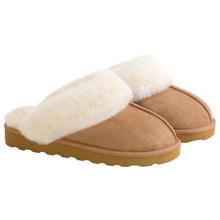 Kirkland Signature women's shearling slippers in tan suede with cream fleece trim and rubber soles