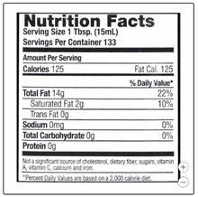 Nutrition Facts panel for organic extra virgin olive oil, serving size 1 tbsp