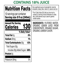 Nutrition facts panel for organic lemonade with ingredient list