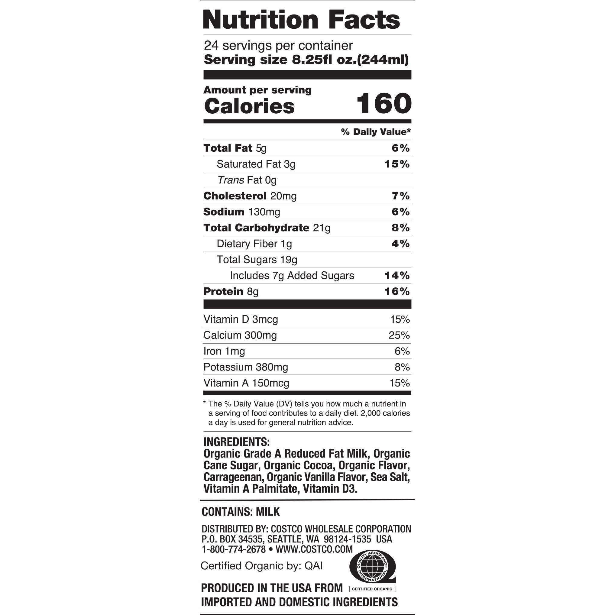Kirkland Signature, Organic Reduced Fat Chocolate Milk, 8.25 fl oz, 24-Count