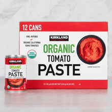 Organic tomato paste carton front with small can graphic, 12 cans