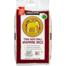 Kirkland Thai Hom Mali jasmine rice bag, 25 lb, maroon front with orange badge