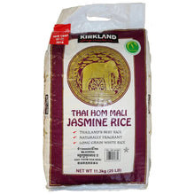 Kirkland Thai Hom Mali jasmine rice bag, 25 lb, maroon front label