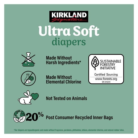 Kirkland Signature Ultra Soft diapers package, size 1–2 branding with eco badges