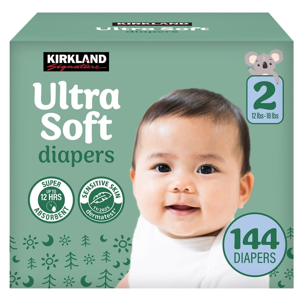 Kirkland Signature Ultra Soft diaper box, size 2 (12–18 lb), 144 diapers