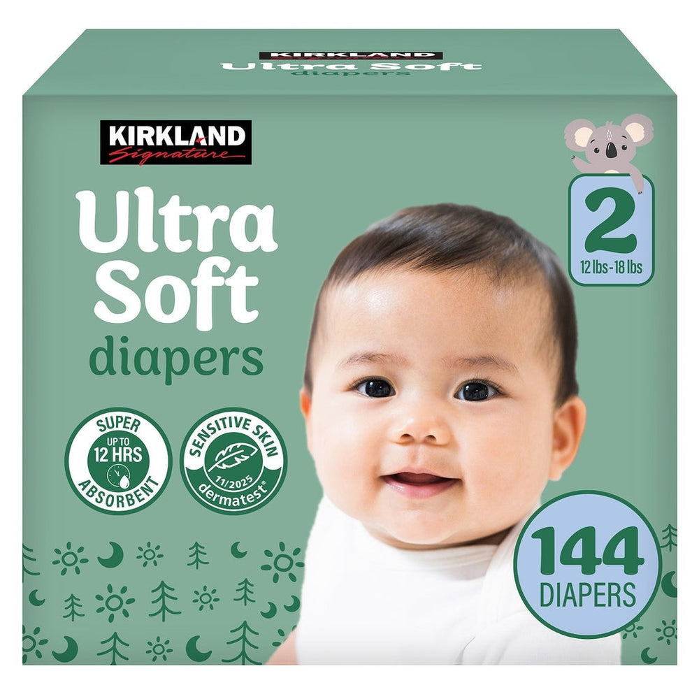 Kirkland Signature Ultra Soft diaper box, size 2 (12–18 lb), 144 diapers