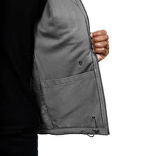 Men's gray softshell jacket side with hand pocket and adjustable drawcord hem