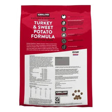 Dog food bag back with serving chart, ingredient table, and label details