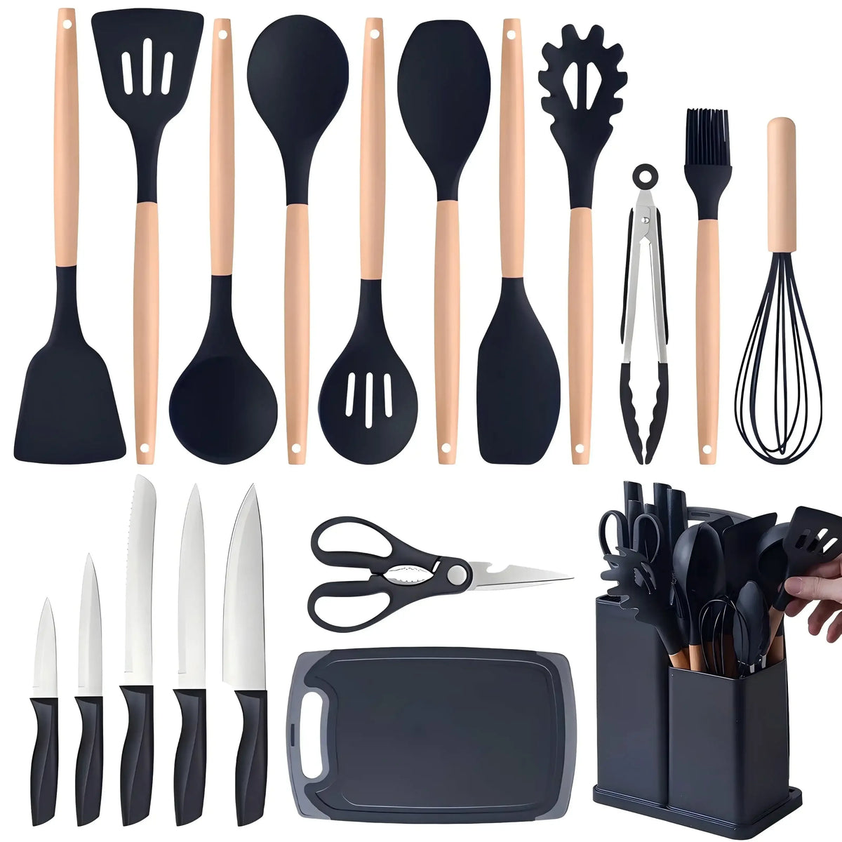 Kitchen Utensils Set- 19 Pcs Silicone Cooking Utensils Set for Nonstick Cookware-Silicone Spatulas Set, Kitchen Gadgets Tools, Pots and Pans Accessories-(Black 19 PCS Set) - USA MEGA SHOP