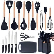 19-piece silicone cooking utensil set with black heads and light wood handles