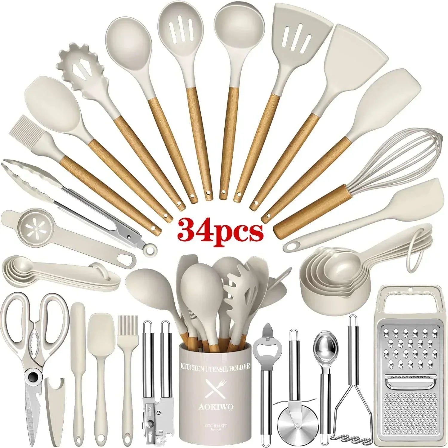 AOKIWO Kitchen Utensils Set- 34PCS Silicone Cooking Utensil Set with Wooden Handles, Heat Resistant Kitchen Spatula Gadgets Tools Set for Nonstick Cookware-Black