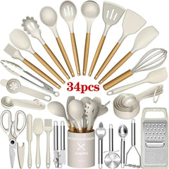 AOKIWO Kitchen Utensils Set- 34PCS Silicone Cooking Utensil Set with Wooden Handles, Heat Resistant Kitchen Spatula Gadgets Tools Set for Nonstick Cookware-Black