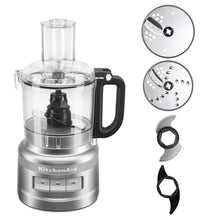 KitchenAid 7-cup food processor with handle, clear bowl, black blade, silver base