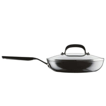 Nonstick sauté pan with lid, black body, and long side handle