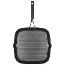 Square nonstick grill pan with ridged cooking surface and black handle