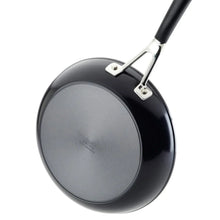 Black nonstick saucepan exterior with long handle