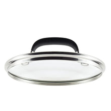 Glass lid with black handle and metal rim