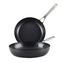Hard-anodized nonstick fry pan set, two black pans with stainless handles