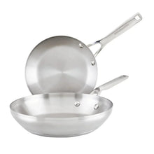 Stainless steel fry pan with long handle, brushed interior and riveted sides