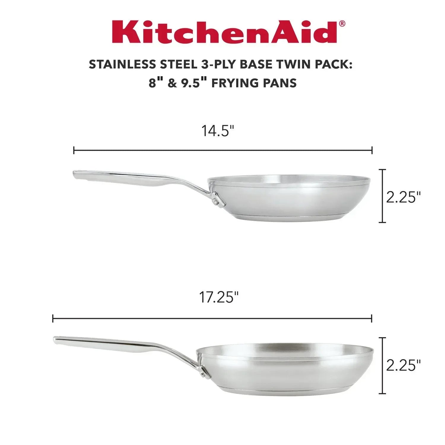 KitchenAid 3-Ply Base Stainless Steel Cookware Induction 2-Piece Fry Pans Set, Brushed Stainless Steel