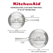 Stainless steel 2-pc fry pan set with long handles, shown with size markings