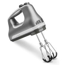 6-speed hand mixer with metal beaters, brushed silver body and black flex edge guides