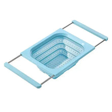 Collapsible colander, blue with stacked perforated tiers and folding handles