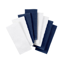 Cotton kitchen towel set in navy and white, folded with textured waffle pattern