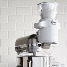 KitchenAid sifter and scale attachment mounted on stand with clear catch tray