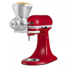 Grain mill attachment with metal hopper and red stand mixer base